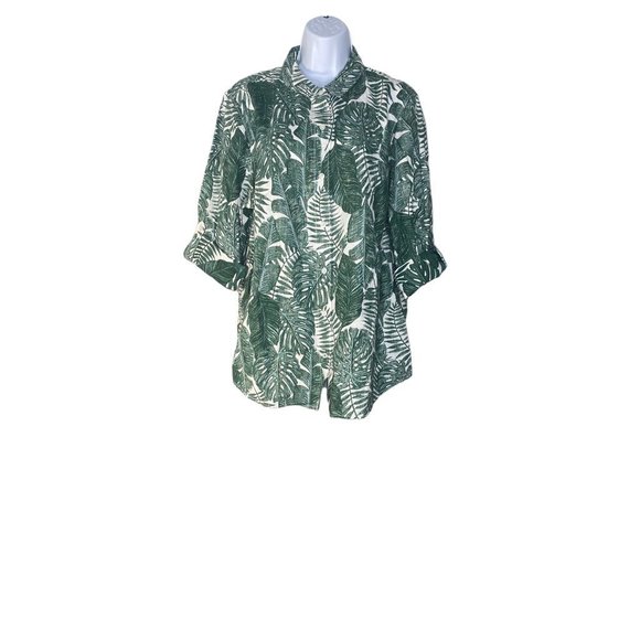 Tommy Bahama Tops - Tommy Bahama Womens Linen Button Up Shirt Green Floral Long Sleeve Collar XL New